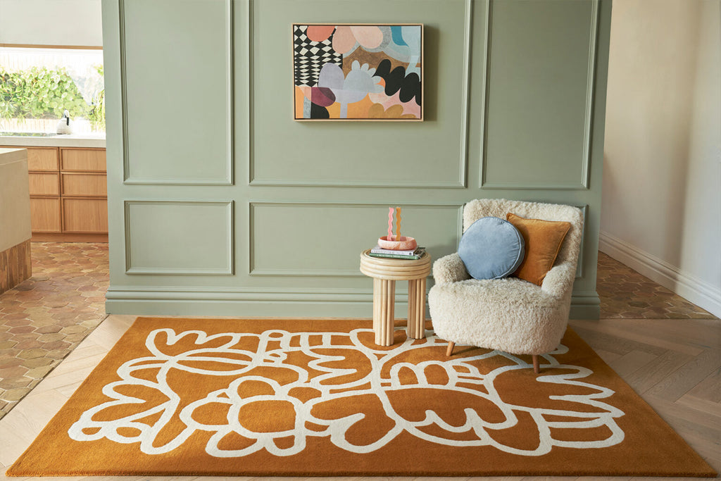 Wool Area Rug | Mustard Yellow & Ivory | Abstract Floral | Evergaze by Rugfine